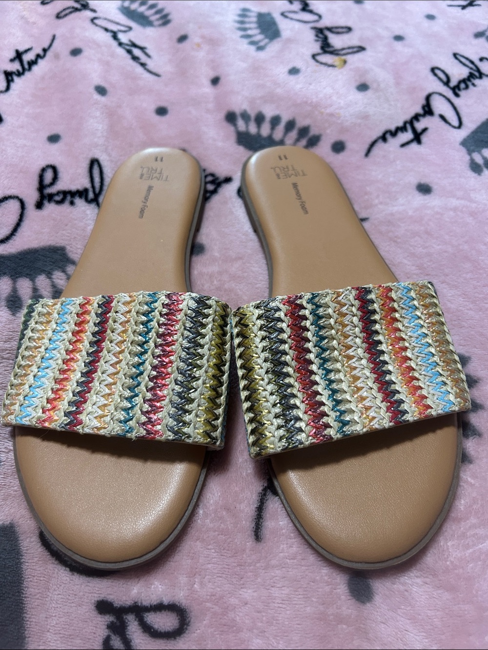 Time and Tru Multi-Color Woven Slide Memory Foam Sandals with Tan Footbed 11
